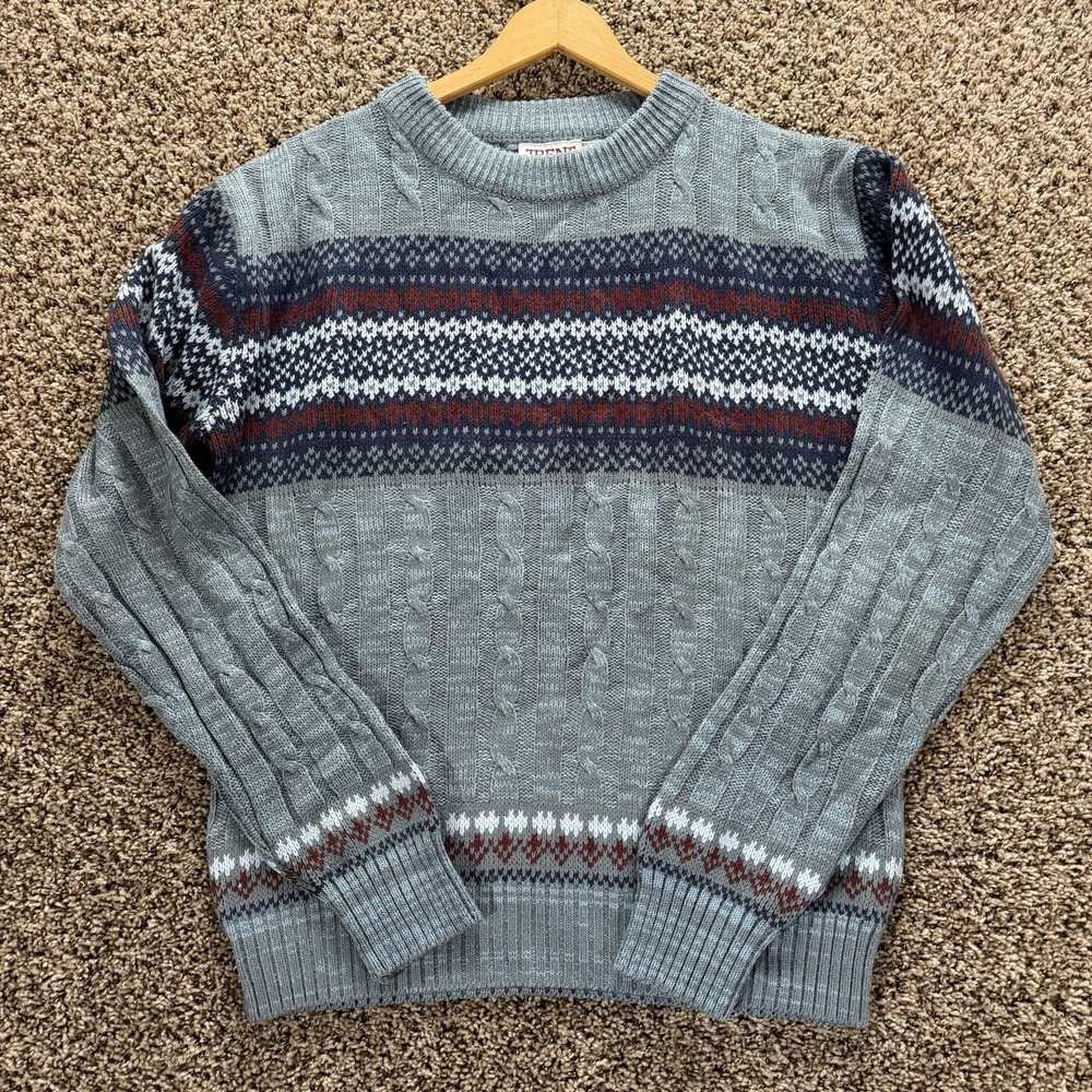 Vintage Trent Cable Knit Fair Isle Sweater Blue Gray Nordic Pattern Crewneck L‎